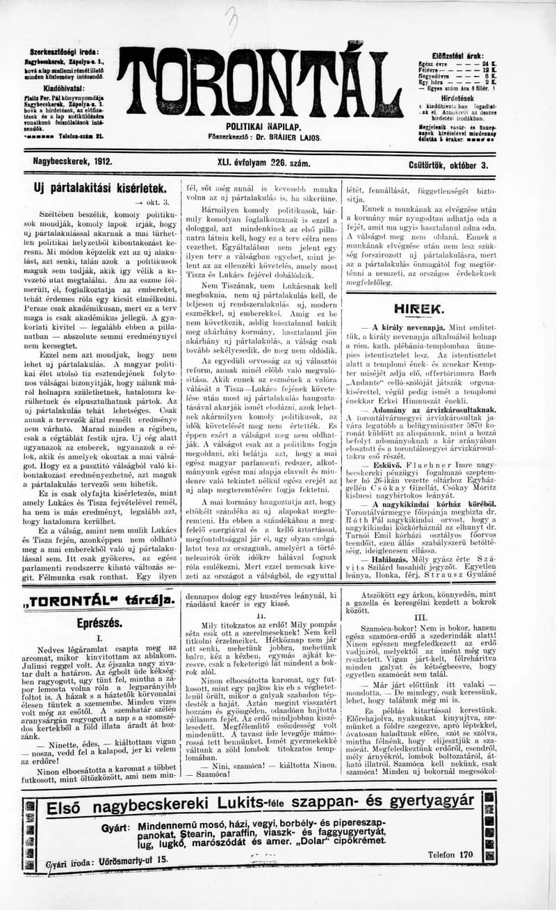 Torontál, 41. évf. 1912. október 3. 226. sz.