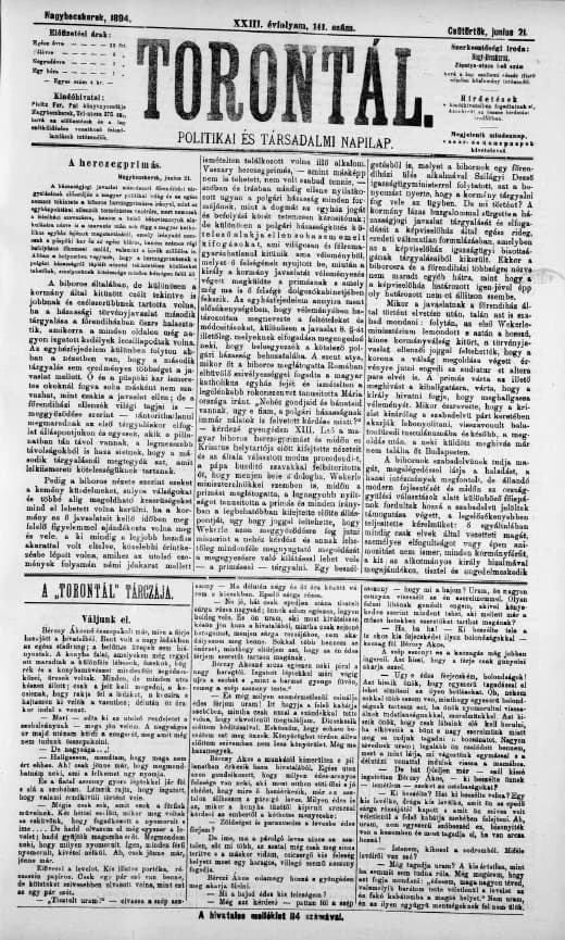 Torontál, 23. évf. 1894. június 21. 141. sz.