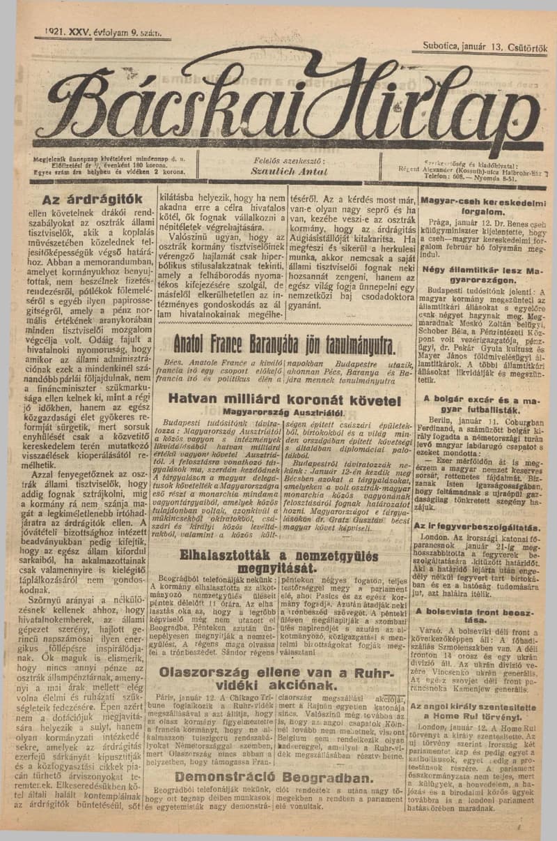Bácskai Hirlap, 25. évf. 1921. június 13. 9. sz.
