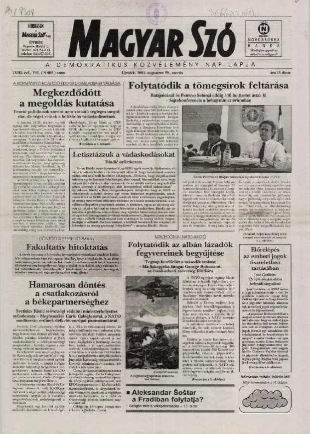 Magyar Szó, 58. évf. 2001. augusztus 29. 196. sz. 1–16. oldal