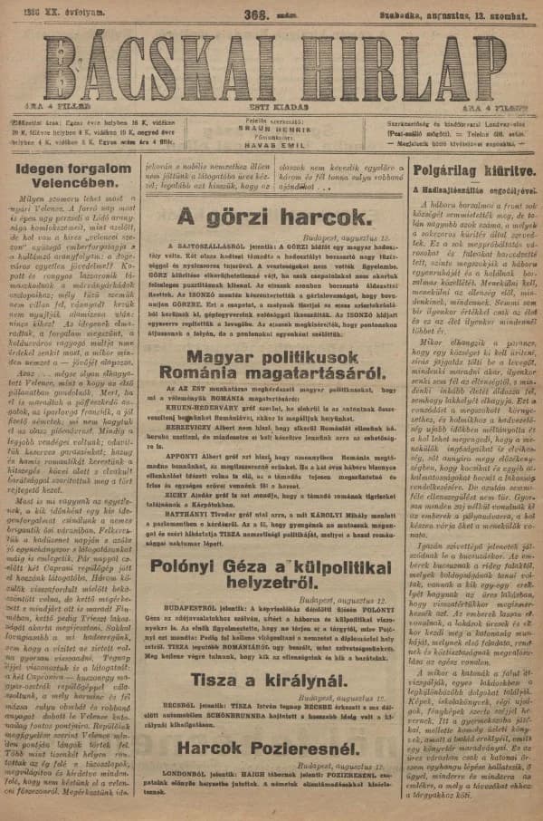 Bácskai Hirlap, 20. évf. 1916. augusztus 12. 368. sz.