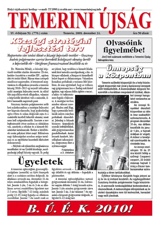 Temerini Újság, 15. évf. 2009. december 31. 52. sz.