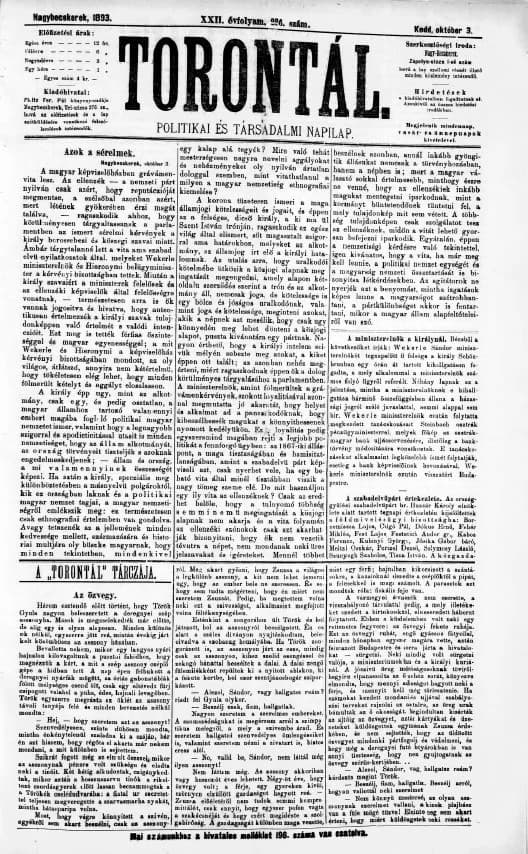 Torontál, 22. évf. 1893. október 3. 226. sz.