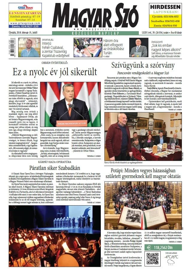 Magyar Szó, 75. évf. 2018. február 19. 39. sz. 1–20. oldal