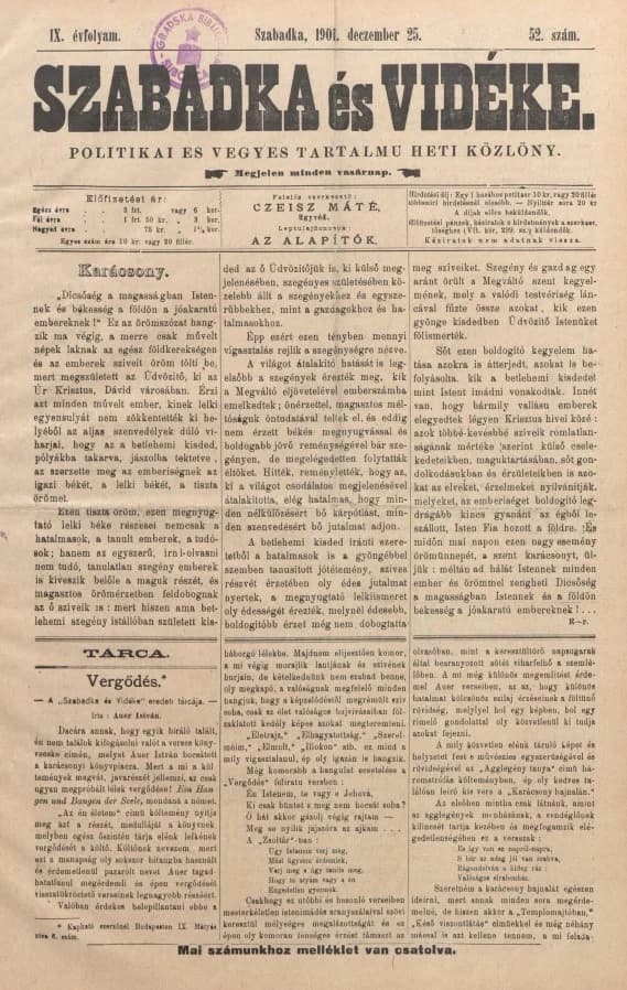 Szabadka és vidéke II, 9. évf. 1901. december 25. 52. sz.