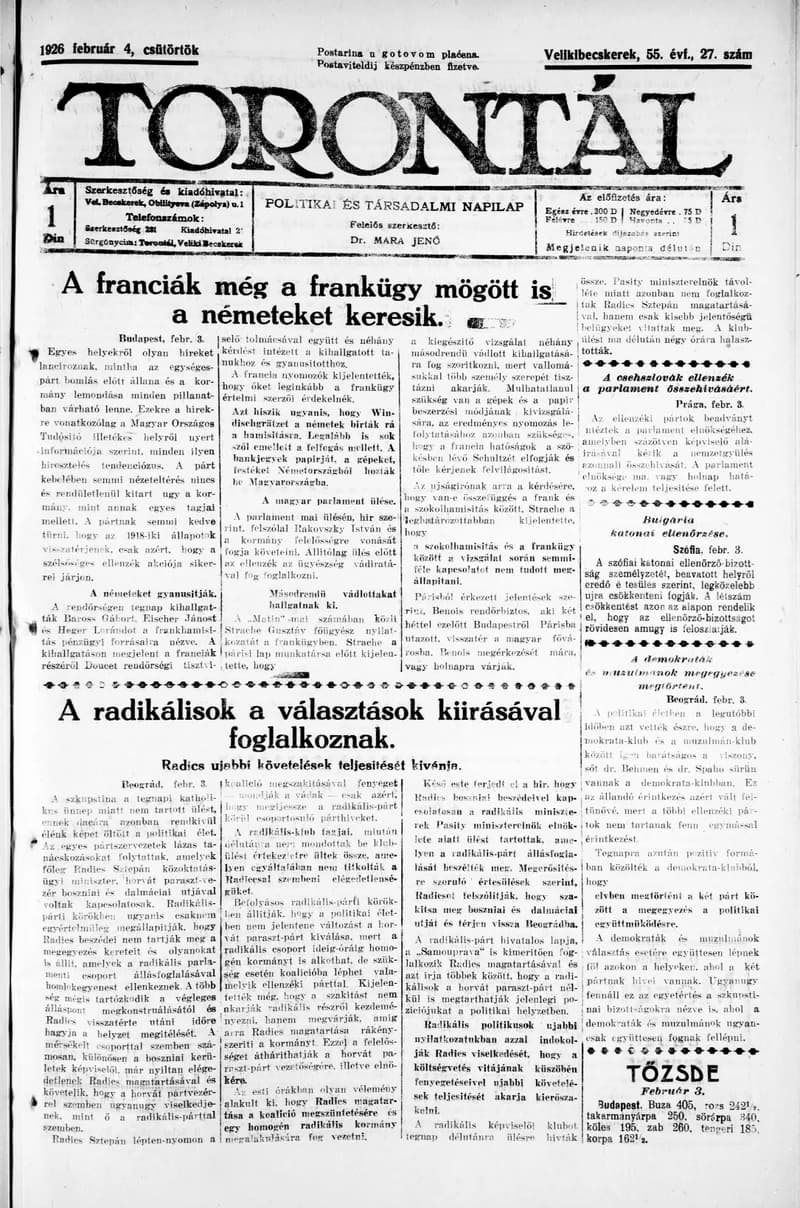 Torontál, 55. évf. 1926. február 4. 27. sz.