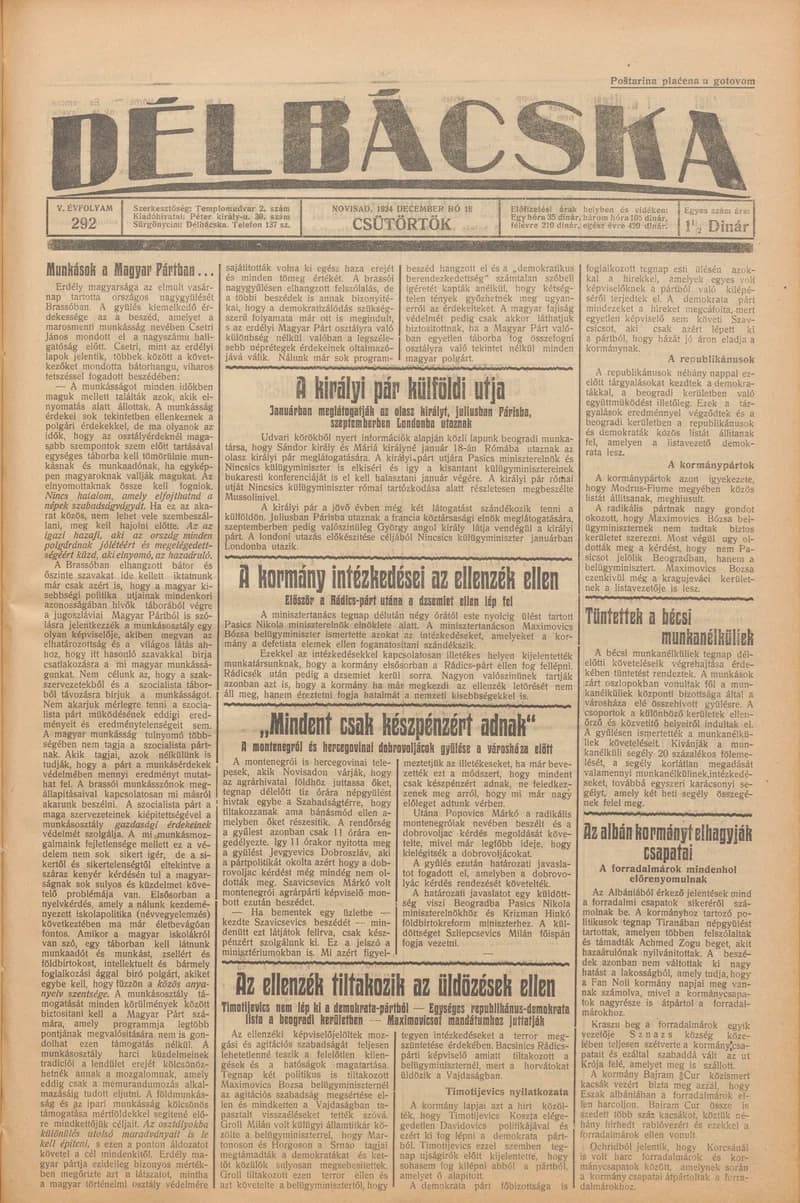 Délbácska, 5. évf. 1924. december 18. 292. sz.