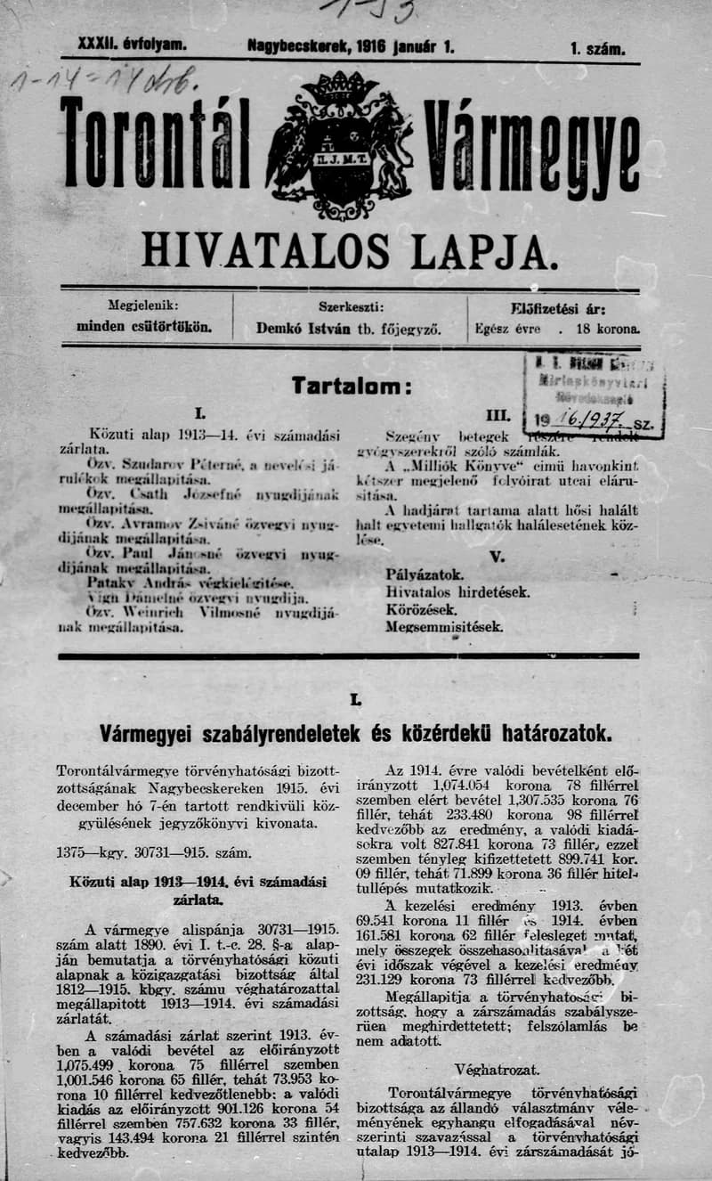 Torontál Vármegye Hivatalos Lapja, 32. évf. 1916. január 1. 1. sz.