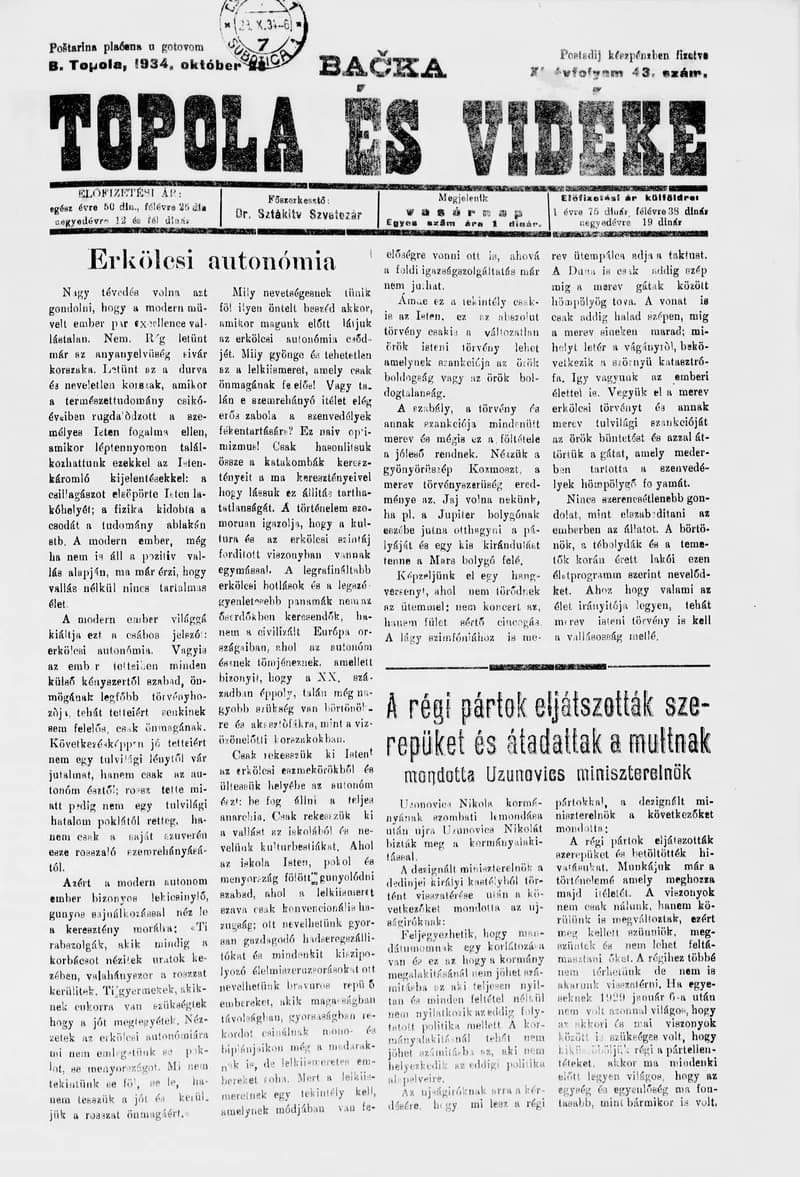Bačka Topola és Vidéke, 11. évf. 1934. október 28. 43. sz.
