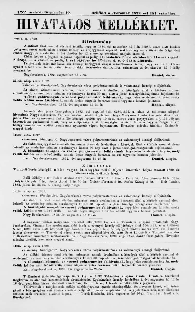 A Totontál  hivatalos melléklete, 5. évf. 1892. szeptember 10. 152. sz.