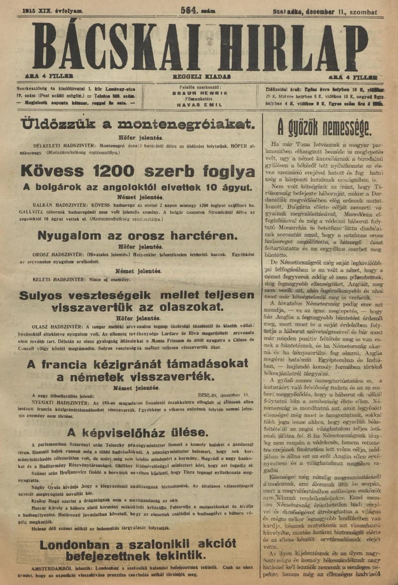 Bácskai Hirlap, 19. évf. 1915. december 11. 564. sz.