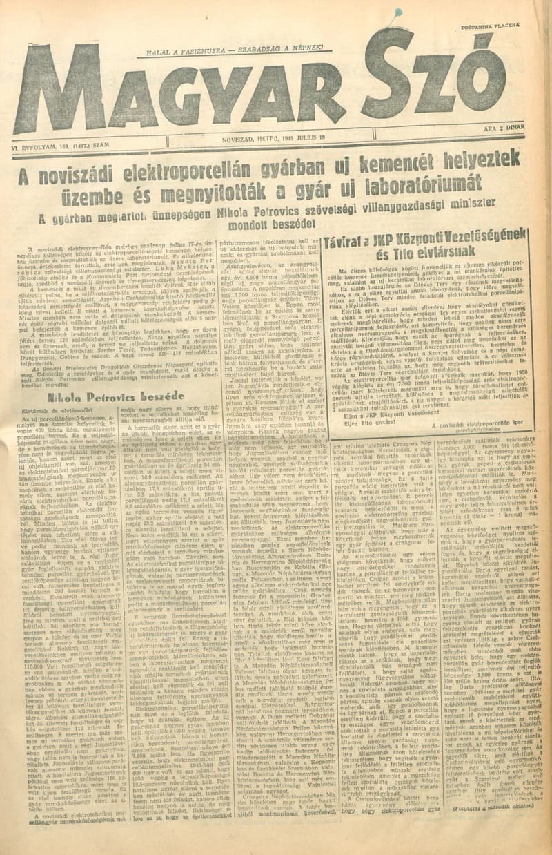 Magyar Szó, 6. évf. 1949. július 18. 169. sz. 1–4. oldal