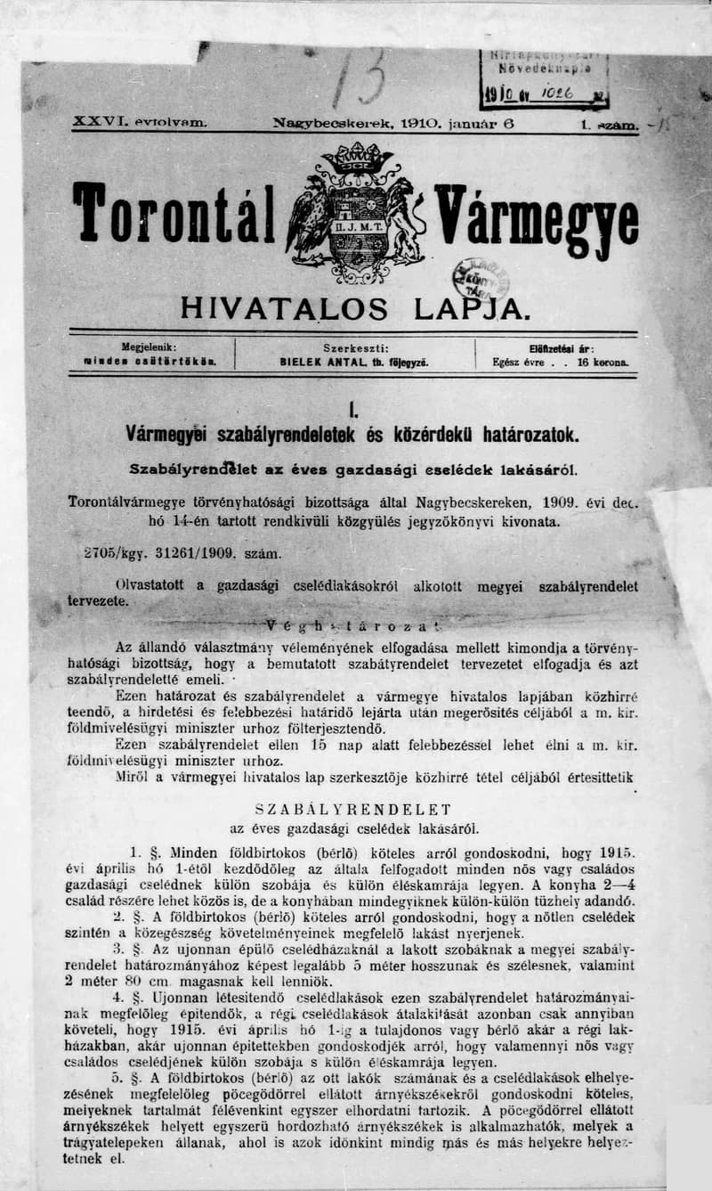 Torontál Vármegye Hivatalos Lapja, 26. évf. 1910. január 6. 1. sz.