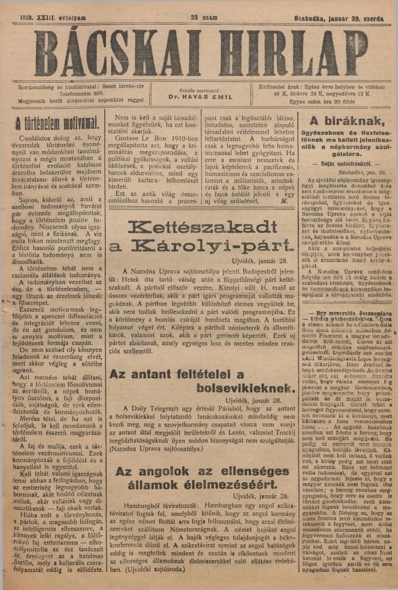 Bácskai Hirlap, 23. évf. 1919. január 29. 23. sz.