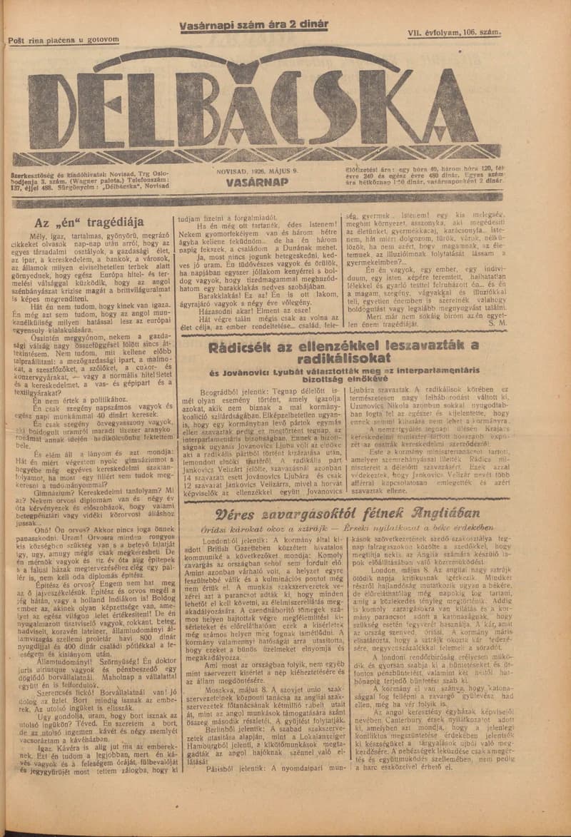Délbácska, 7. évf. 1926. május 9. 106. sz.