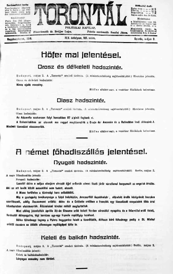 Torontál, 45. évf. 1916. május 3. 101. sz.