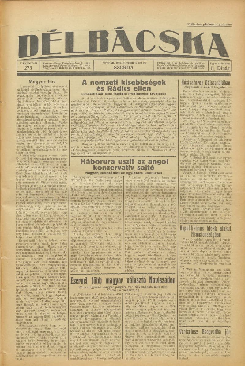 Délbácska, 5. évf. 1924. november 26. 275. sz.