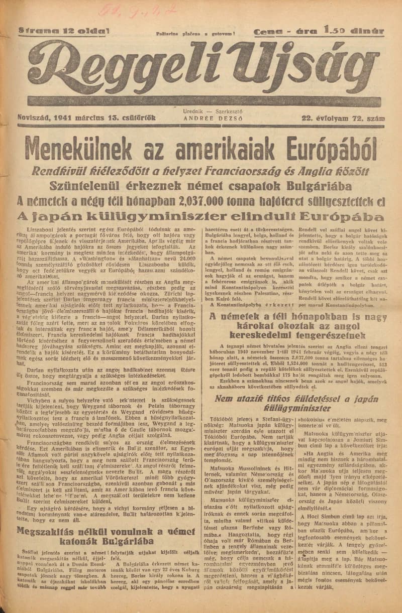 Reggeli Újság, 22. évf. 1941. március 13. 72. sz.