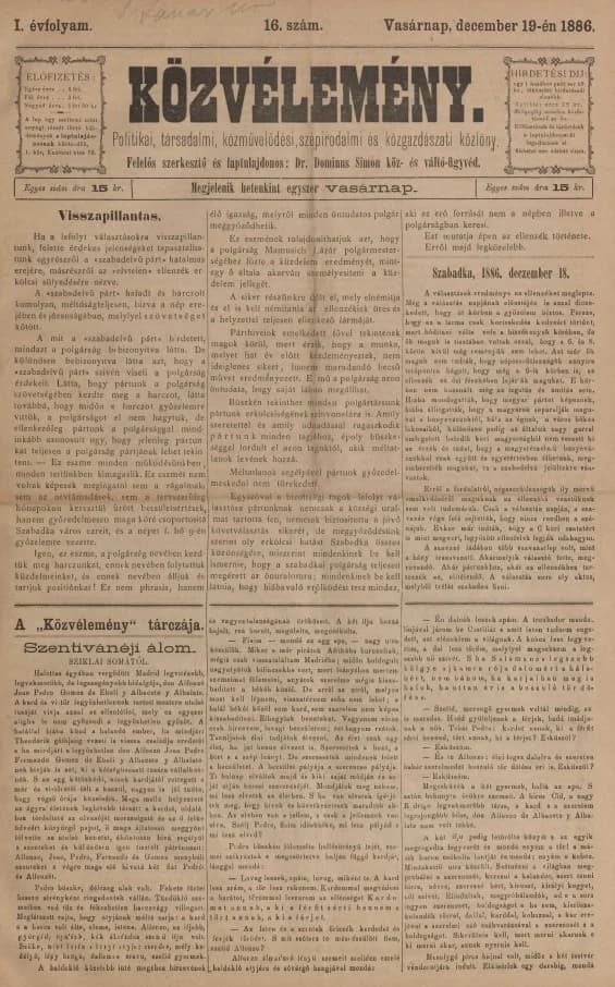 Közvélemény, 1. évf. 1886. december 19. 16. sz.