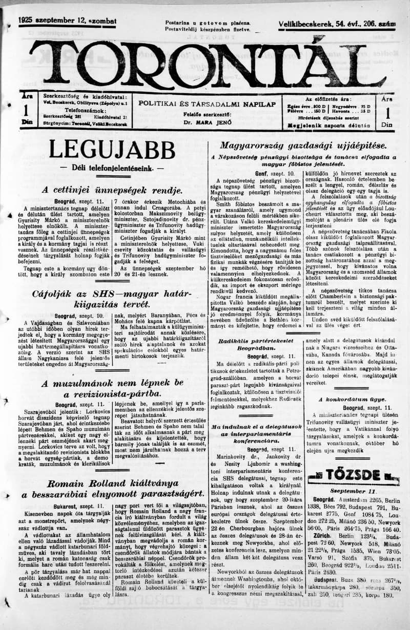 Torontál, 54. évf. 1925. szeptember 12. 206. sz.