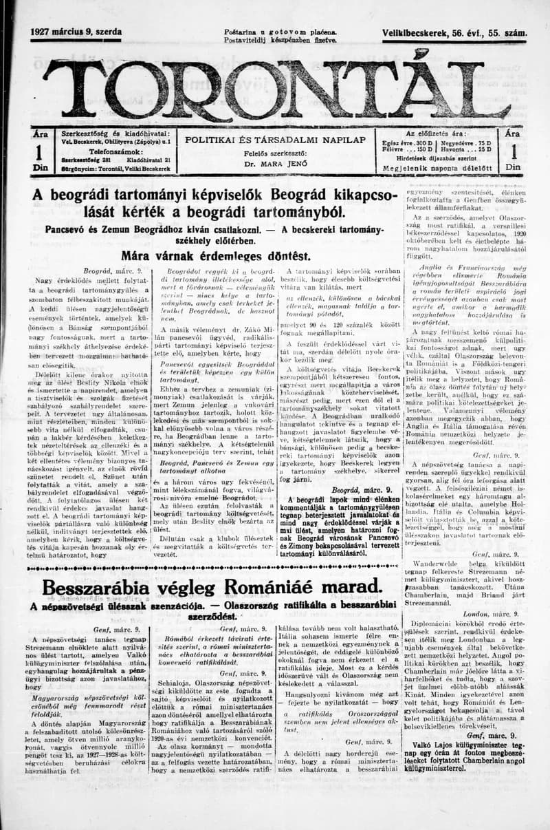 Torontál, 56. évf. 1927. március 9. 55. sz.