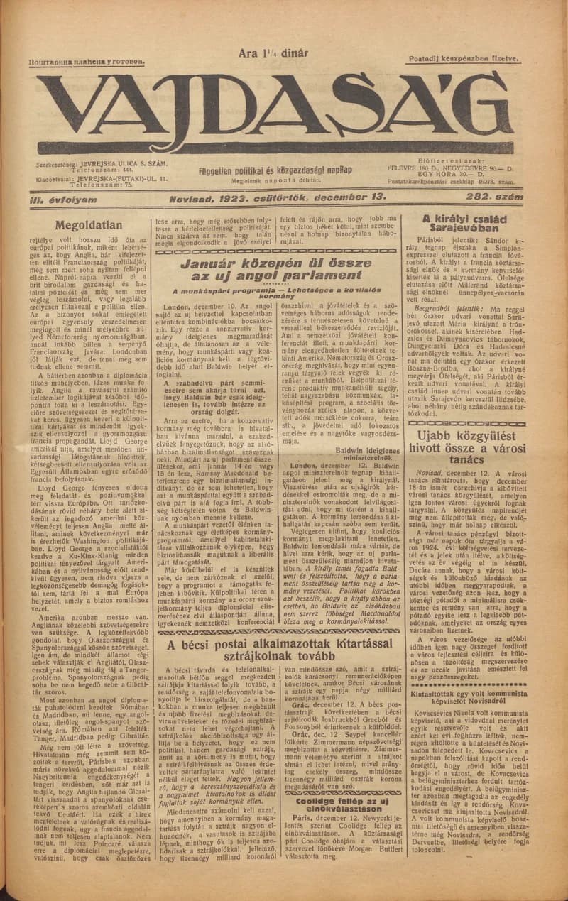 Vajdaság, 3. évf. 1923. december 13. 282. sz.