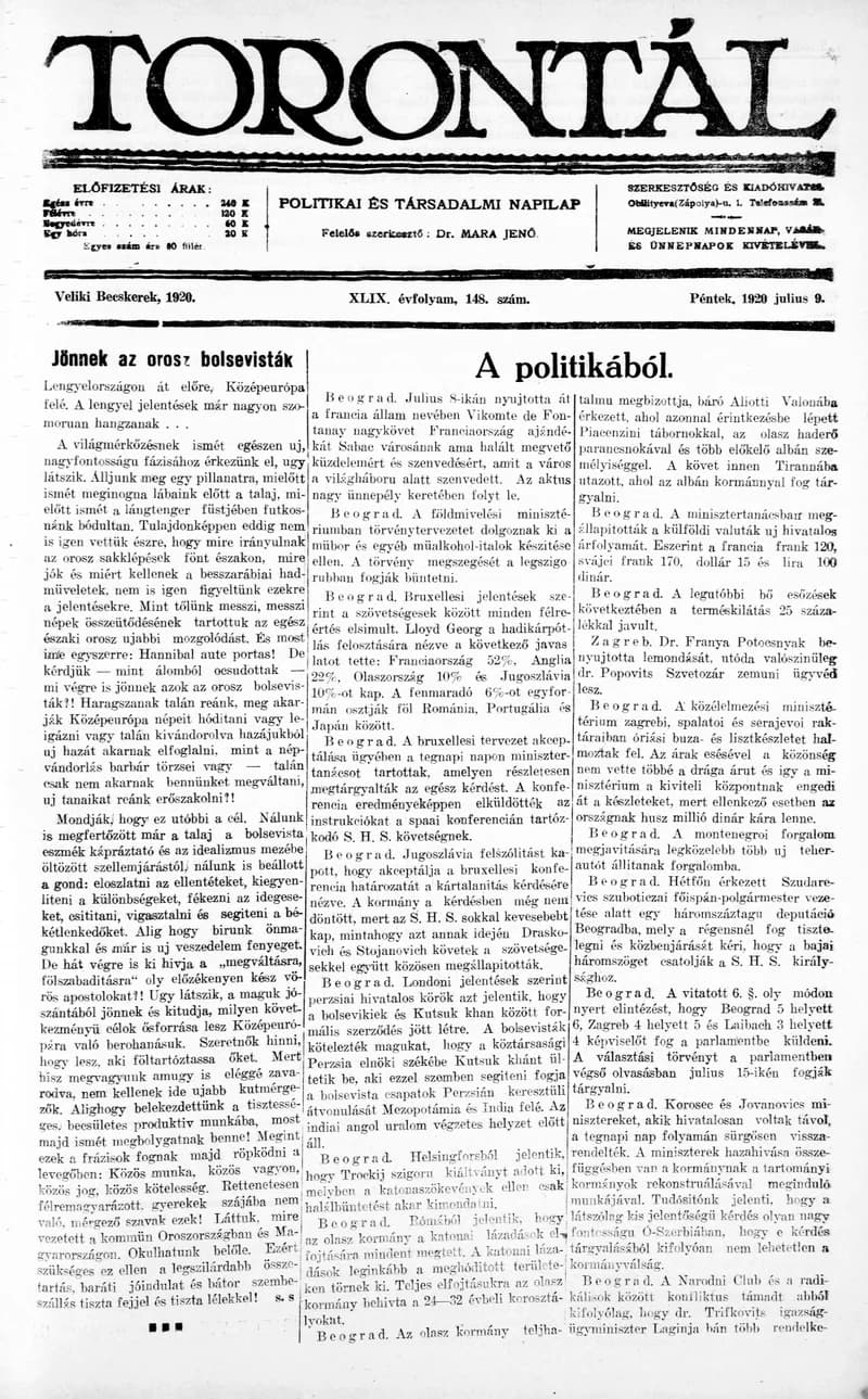 Torontál, 49. évf. 1920. július 9. 148. sz.