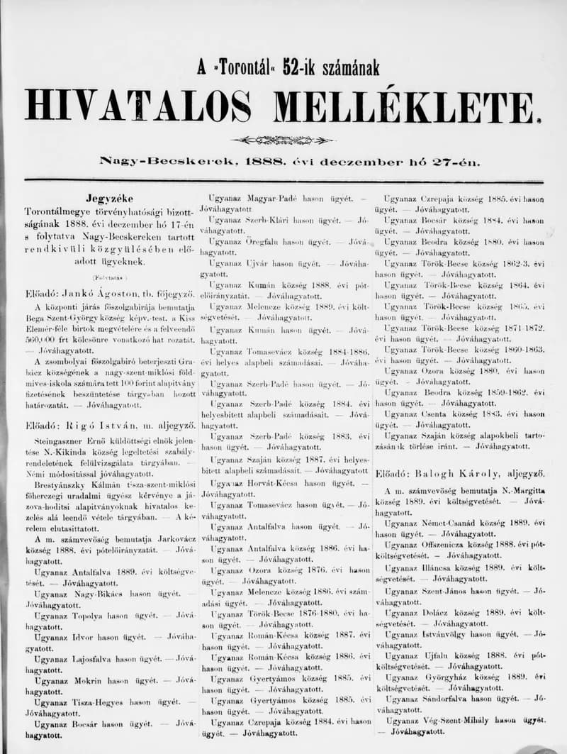 A Totontál  hivatalos melléklete, 1. évf. 1888. december 27. 52. sz.