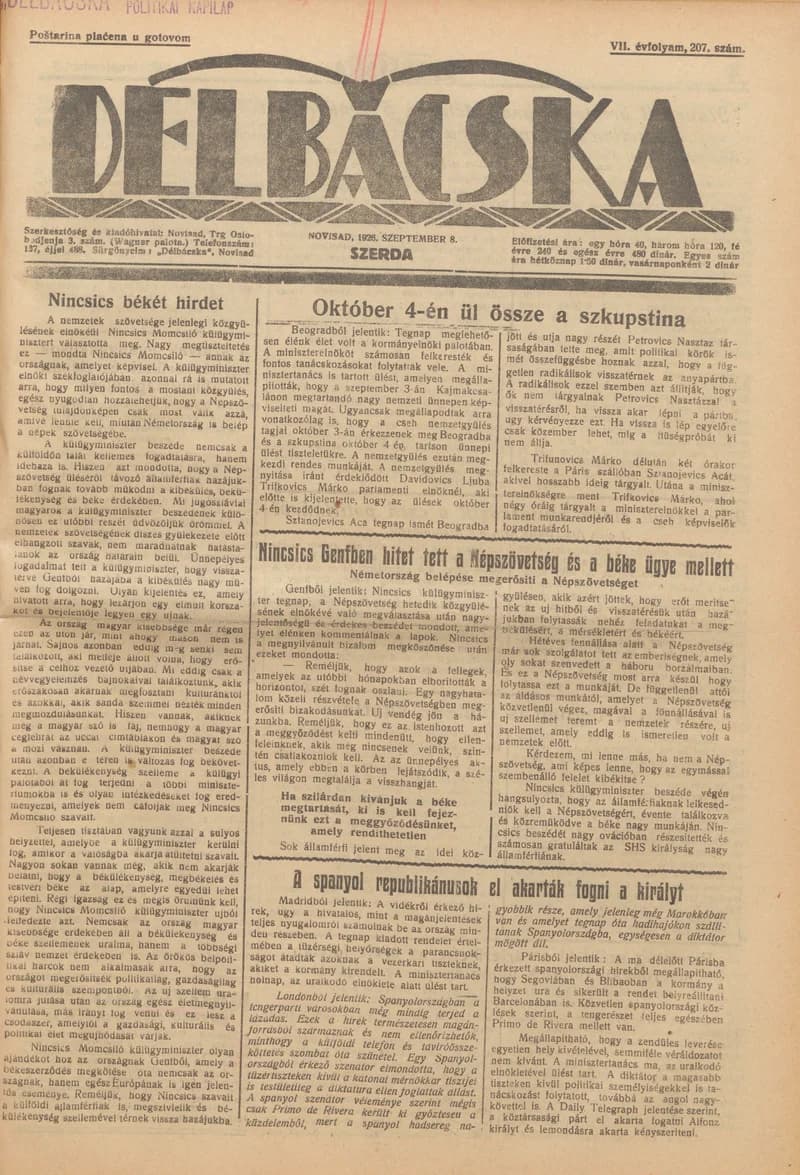 Délbácska, 7. évf. 1926. szeptember 8. 207. sz.