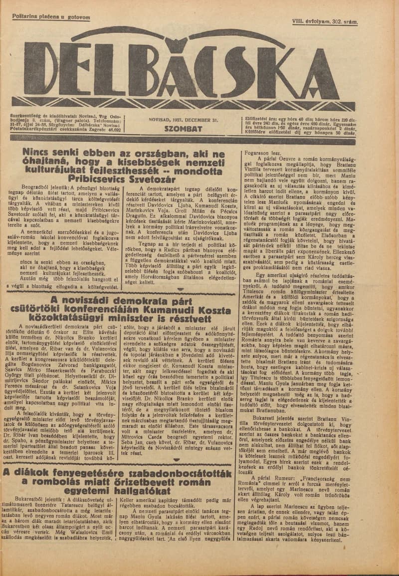 Délbácska, 8. évf. 1927. december 31. 302. sz.