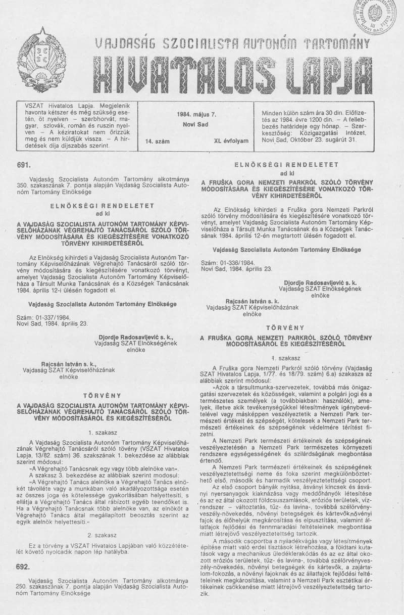 Vajdaság Szocialista Autonóm Tartomány Hivatalos Lapja, 40. évf. 1984. május 7. 14. sz.