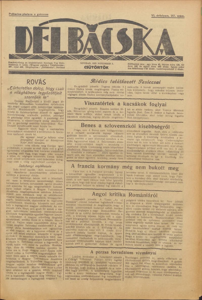 Délbácska, 6. évf. 1925. november 5. 257. sz.