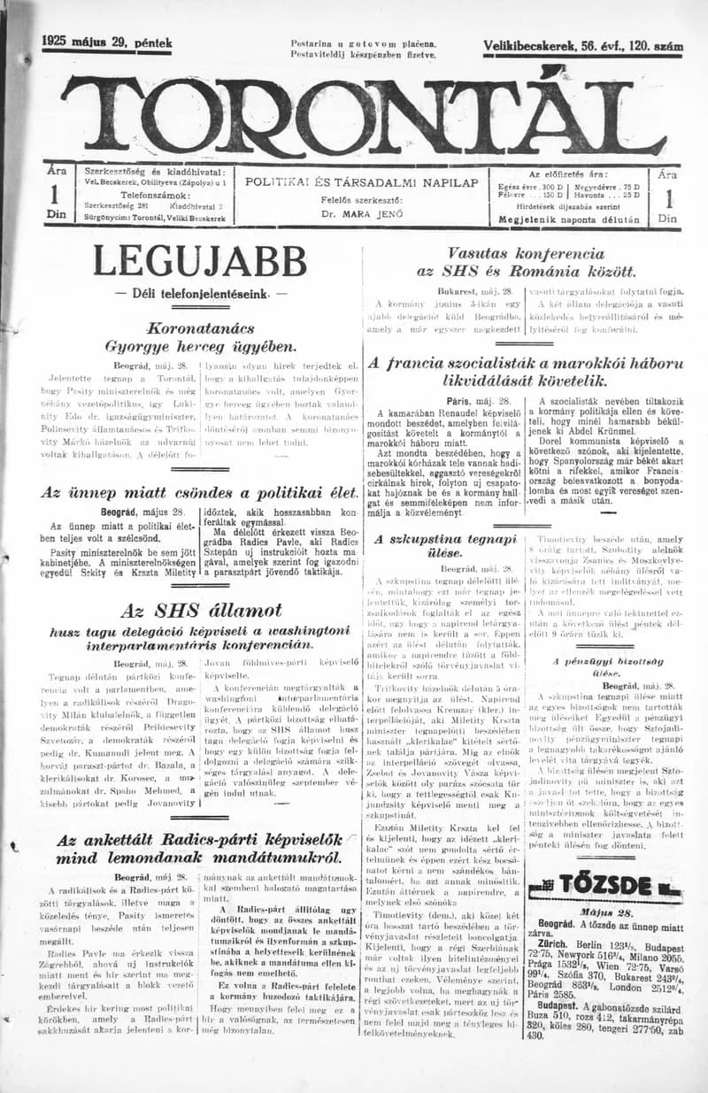 Torontál, 54. évf. 1925. május 29. 120. sz.