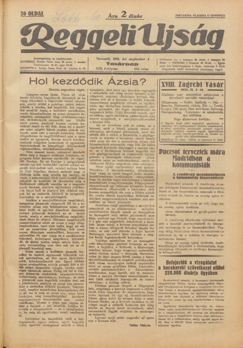 Reggeli Újság, 13. évf. 1932. szeptember 4. 210. sz.