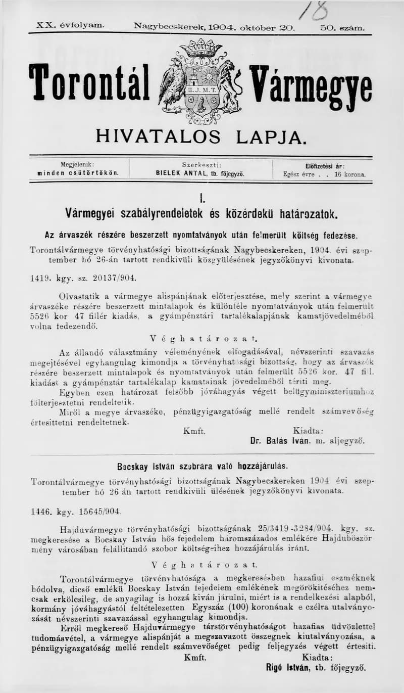 Torontál Vármegye Hivatalos Lapja, 20. évf. 1904. október 20. 50. sz.
