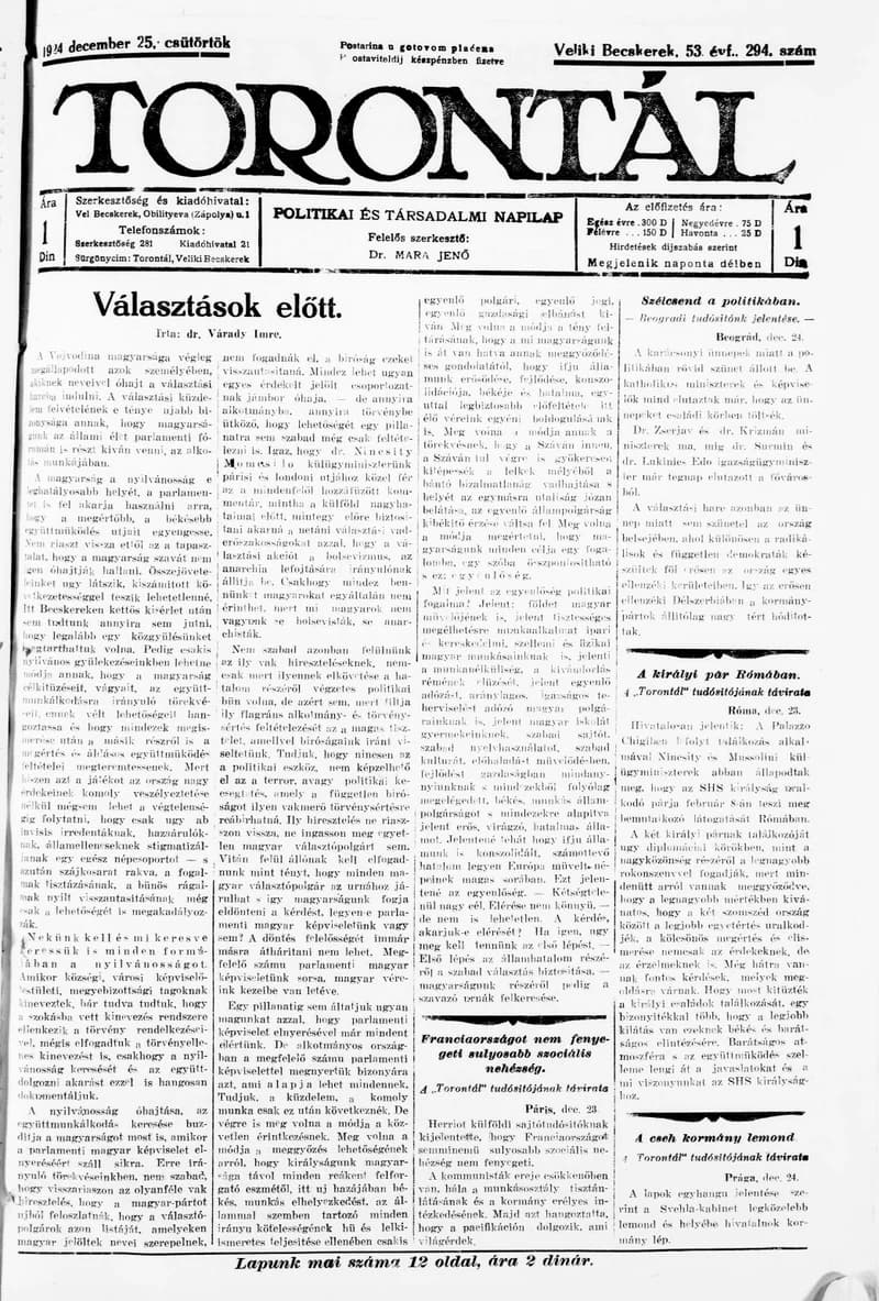 Torontál, 53. évf. 1924. december 25. 294. sz.