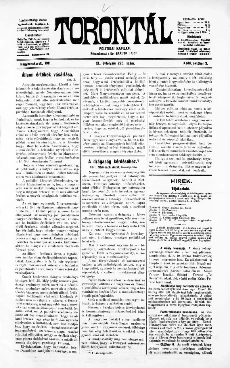 Torontál, 40. évf. 1911. október 3. 225. sz.