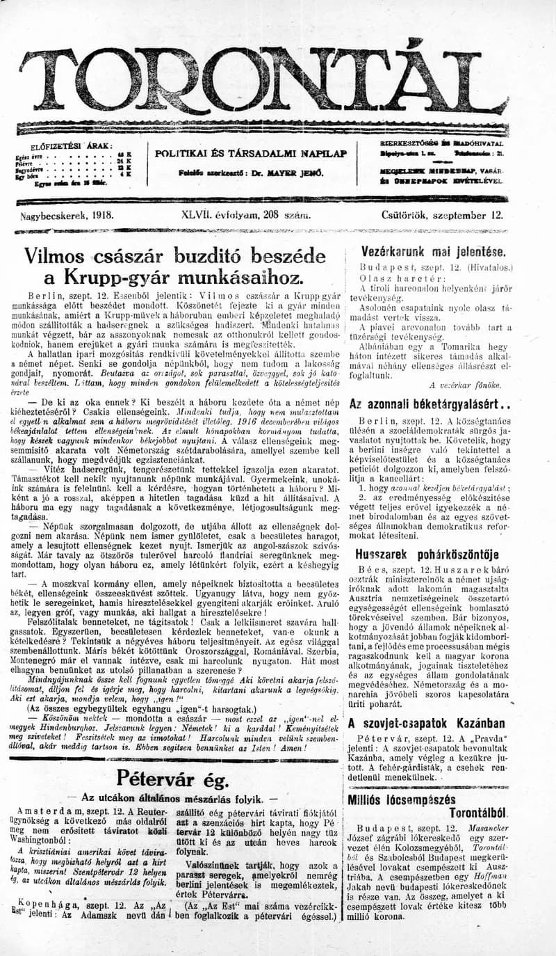 Torontál, 47. évf. 1918. szeptember 12. 208. sz.