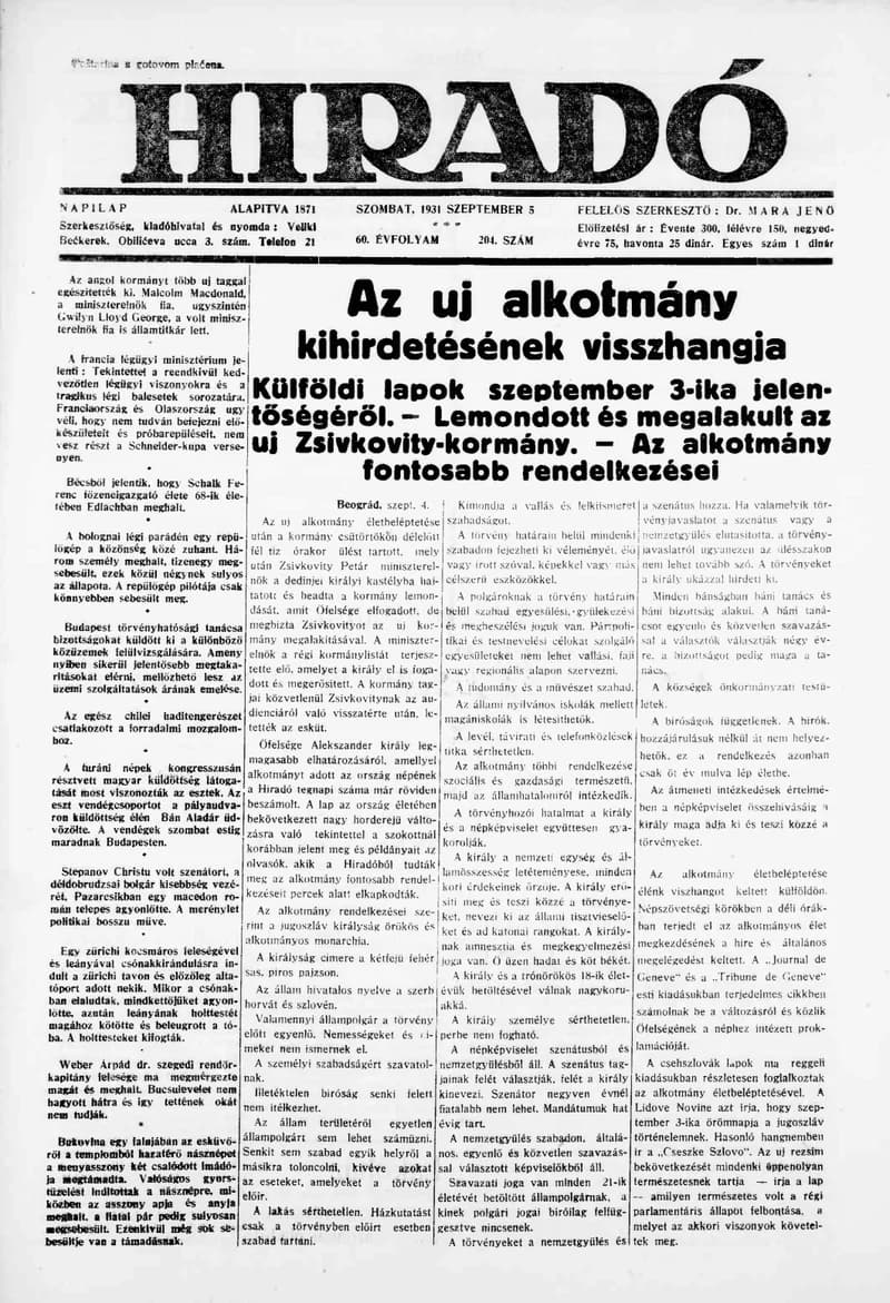Híradó, 60. évf. 1931. szeptember 5. 204. sz.