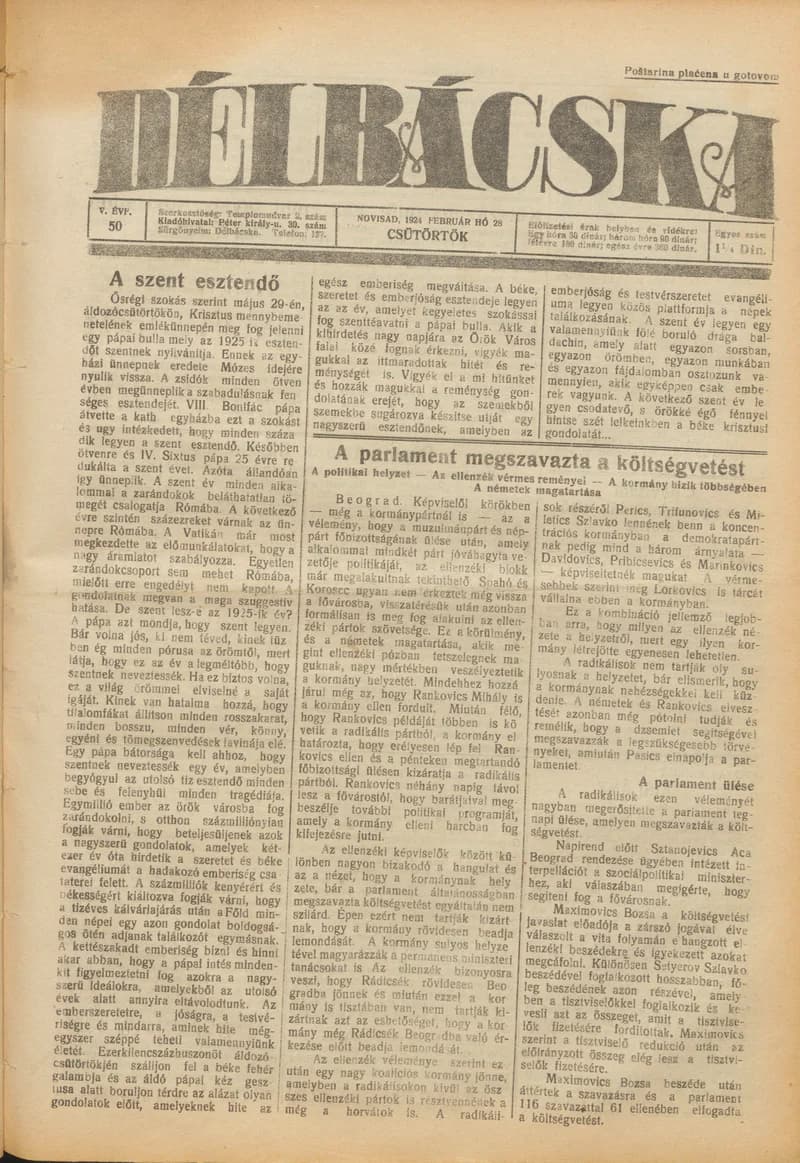 Délbácska, 5. évf. 1924. február 28. 50. sz.