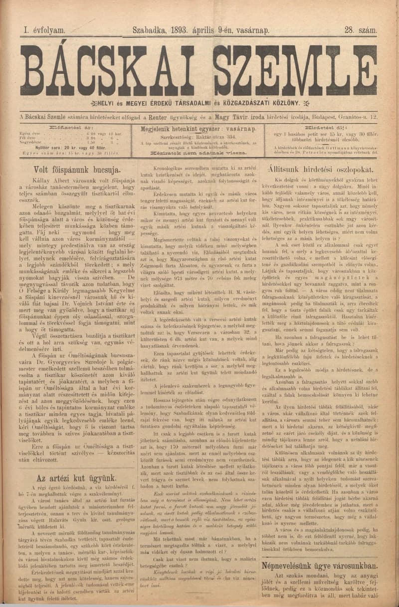 Bácskai Szemle, 1. évf. 1893. április 9. 28. sz.