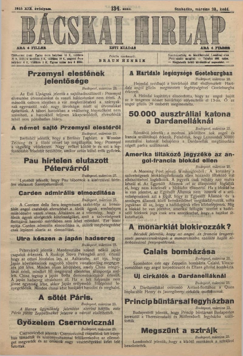 Bácskai Hirlap, 19. évf. 1915. március 23. 134. sz.
