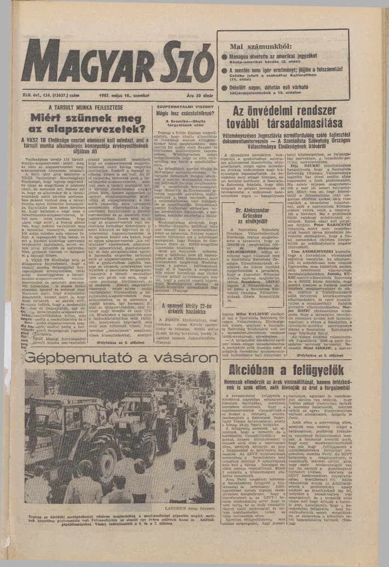 Magyar Szó, 42. évf. 1985. május 18. 134. sz. 1–36. oldal