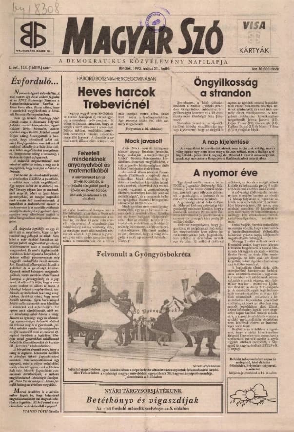 Magyar Szó, 50. évf. 1993. május 31. 144. sz. 1–16. oldal