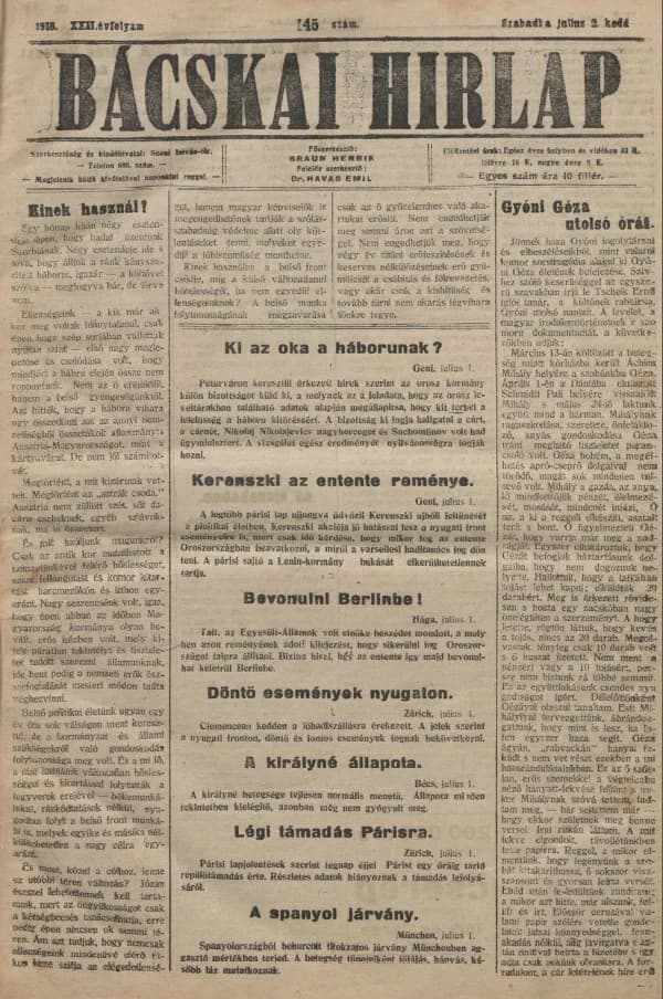 Bácskai Hirlap, 22. évf. 1918. július 2. 145. sz.