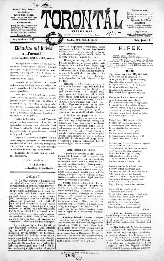 Torontál, 29. évf. 1900. január 2. 1. sz.