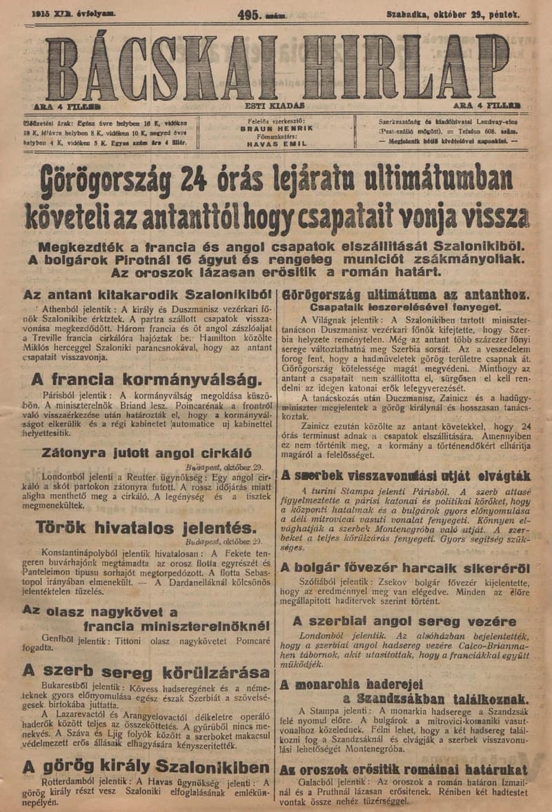 Bácskai Hirlap, 19. évf. 1915. október 29. 495. sz.