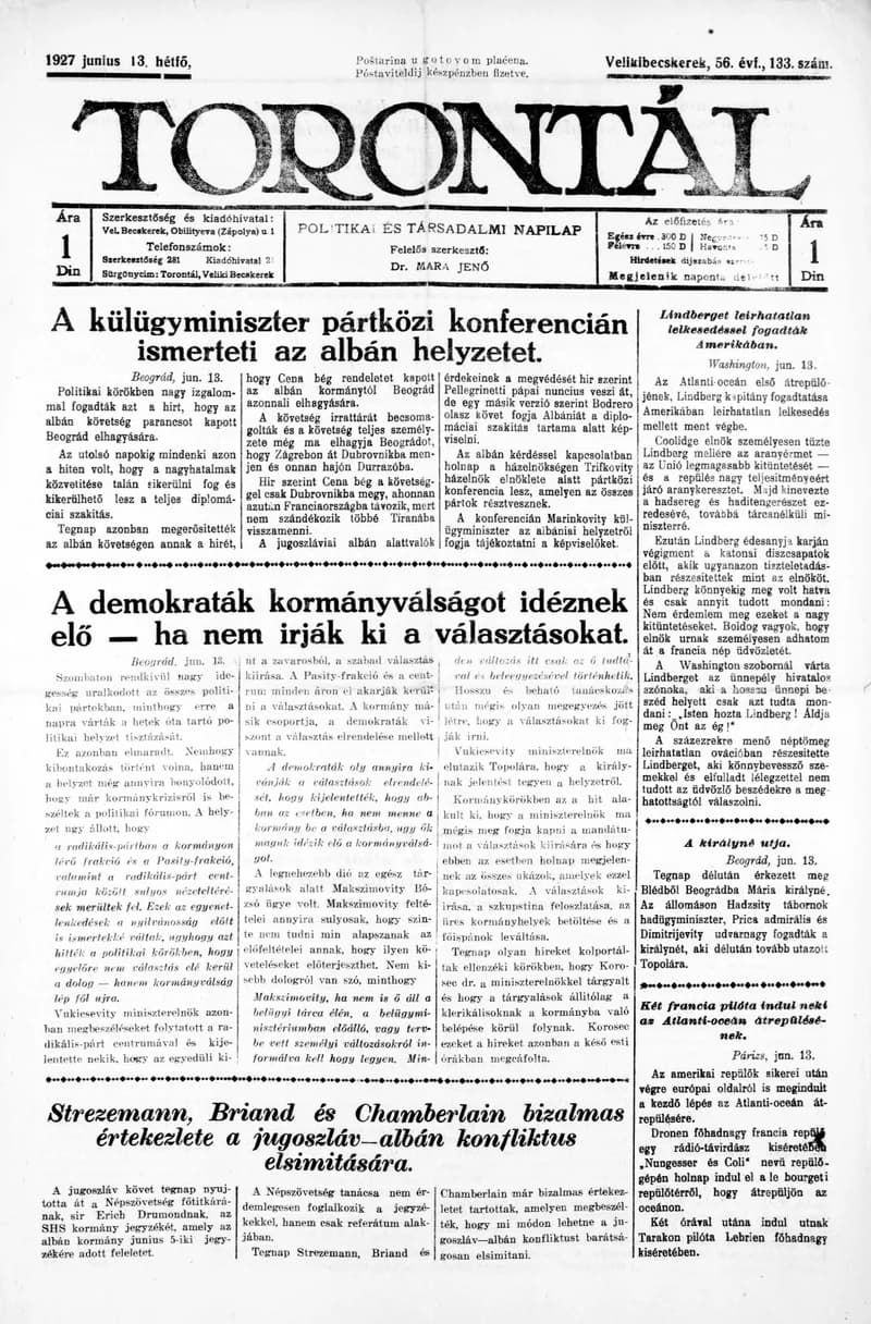 Torontál, 56. évf. 1927. június 13. 133. sz.