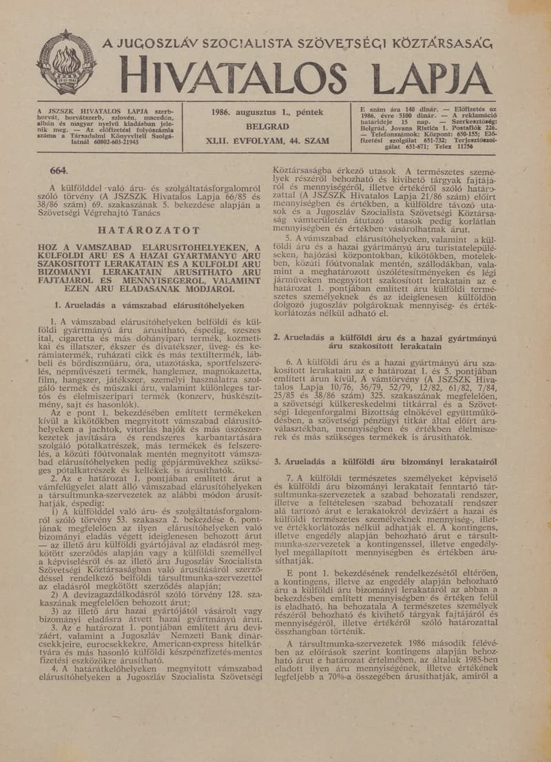 A Jugoszláv Szocialista Szövetségi Köztársaság Hivatalos Lapja, 42. évf. 1986. augusztus 1. 44. sz. 1293–1296. oldal
