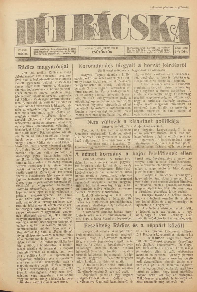 Délbácska, 4. évf. 1923. július 19. 163. sz.